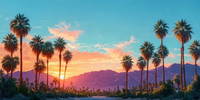 A tranquil Palm Springs desert landscape showcases palm trees, distant mountains, and a warm golden-hour sky.
