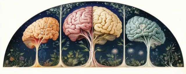Four brain-shaped trees sprout under starry night sky with roots and foliage