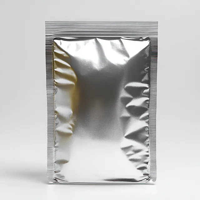 Shiny silver rectangular foil pouch standing upright with creased reflective surface on neutral background