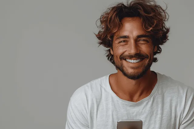 Smiling man with short beard holds a smartphone in a plain gray studio background.