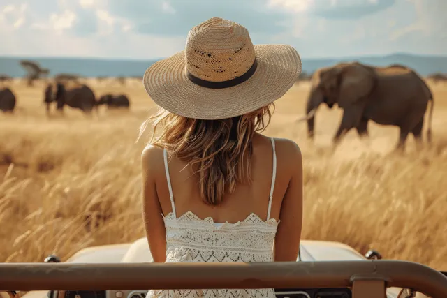 Woman in a white dress and straw hat sits in an open safari jeep facing elephants in a golden savanna.