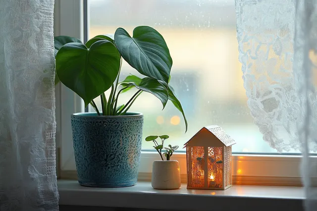 Lush potted plants on a rainy windowsill beside a glowing lantern