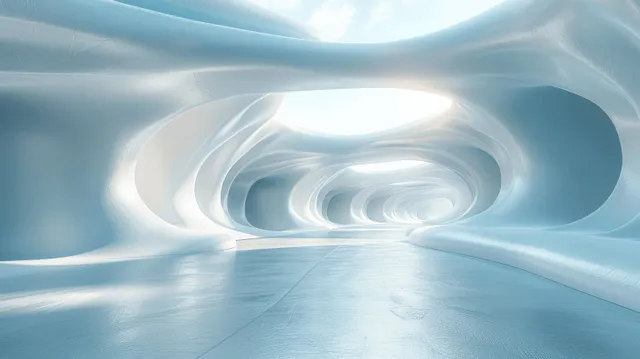 An abstract futuristic tunnel view with an empty concrete floor and glowing curved light bands fading into the distance.