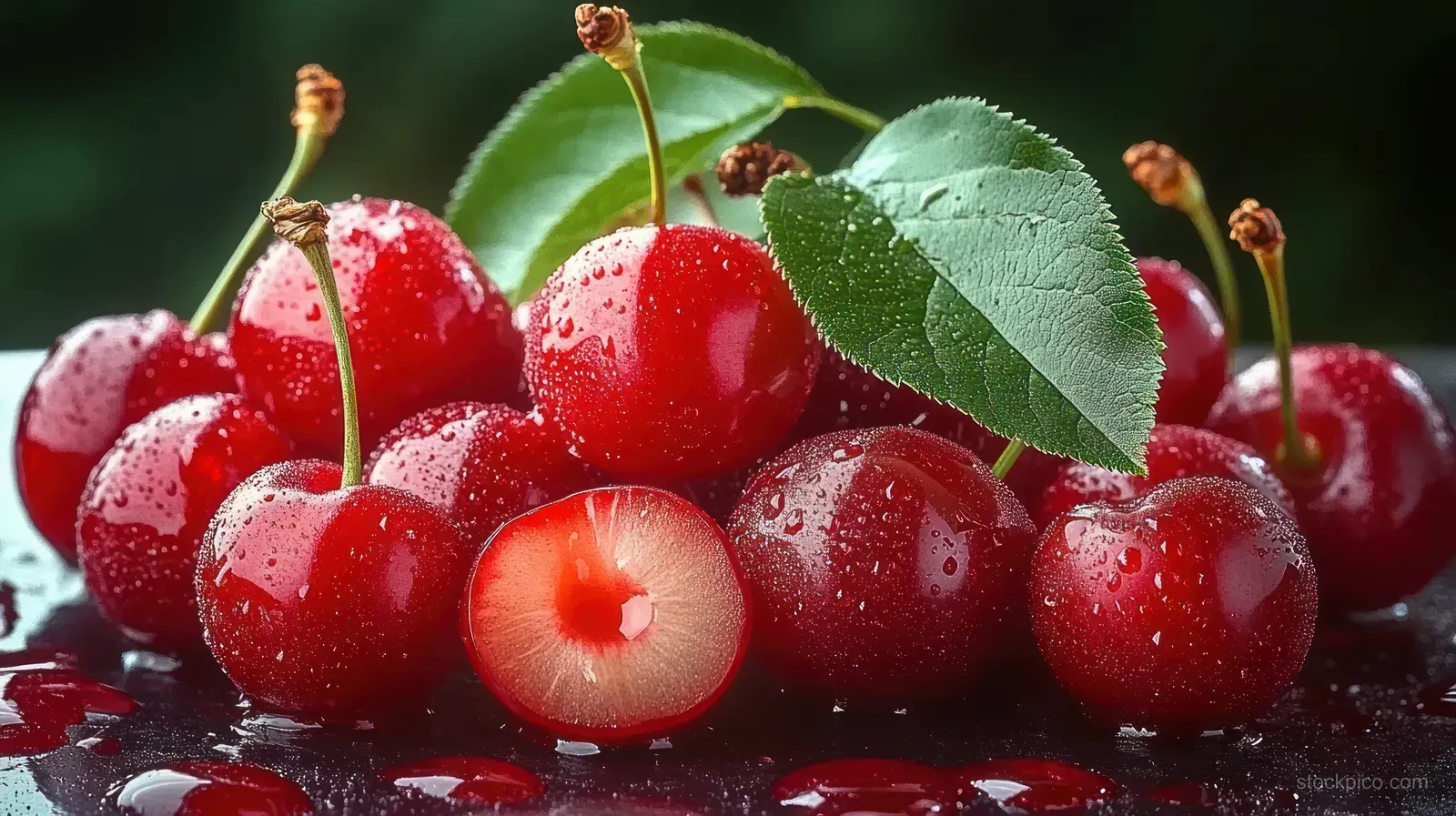 Close-up of ripe red cherries with water droplets and green leaves on a glossy reflective dark background.