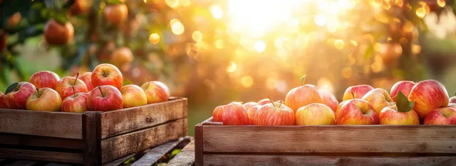 Red and yellow apples stacked in wooden crates on a farm table with golden sunset light and blurred background.