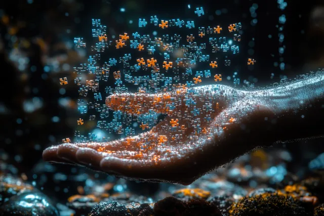 Hands releasing glowing puzzle-like data tiles into a dark digital network background.