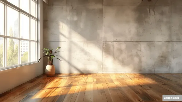 Minimalist home interior with concrete wall, wooden parquet floor, and sunlit window