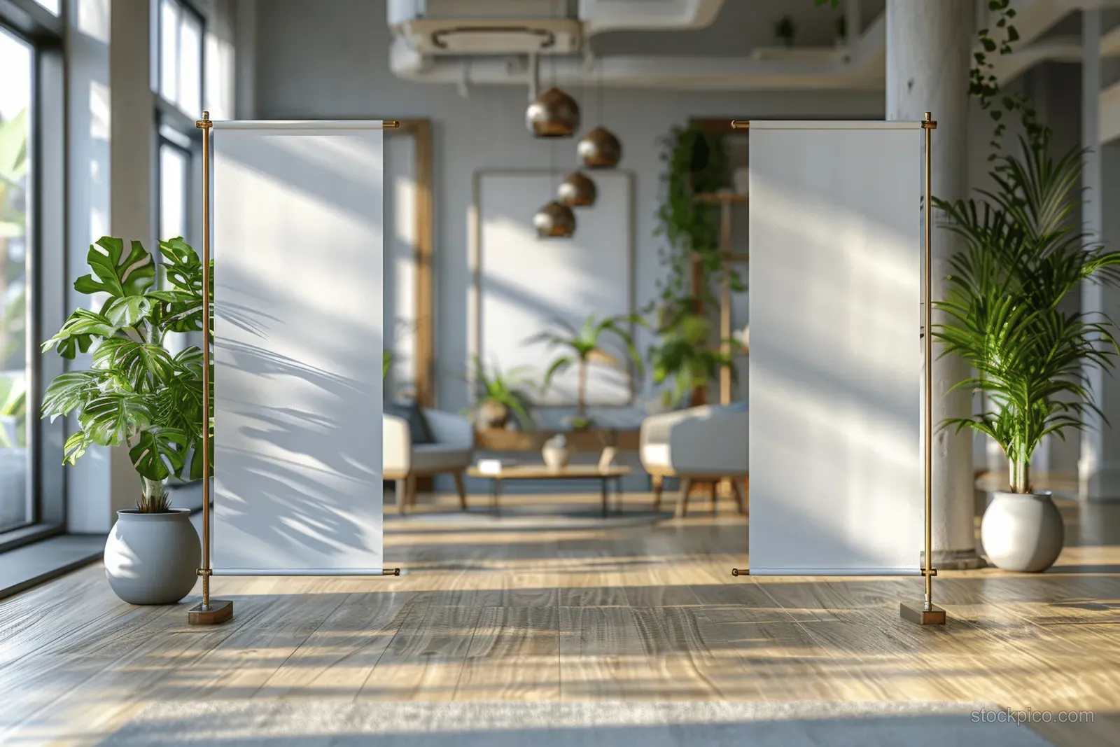 Two blank roll-up banner stands stand on a tiled floor in a bright office and coffee shop with plants and seating behind.