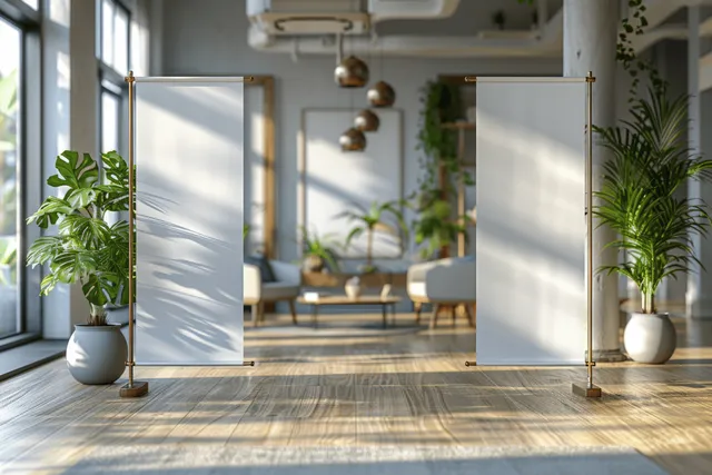 Two blank roll-up banner stands stand on a tiled floor in a bright office and coffee shop with plants and seating behind.
