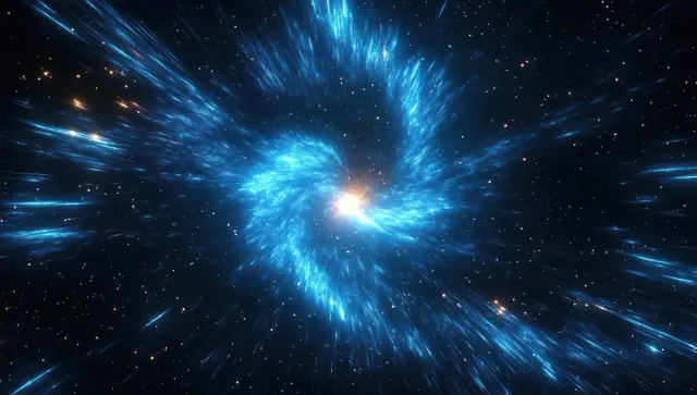 A bright blue cosmic energy vortex radiates outward from a glowing center amid scattered stars in dark space.