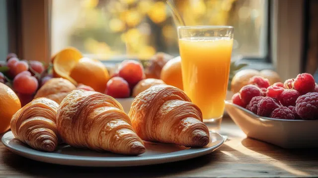 Three golden croissants on a white plate with orange juice pouring and raspberries on a wooden table near a window.