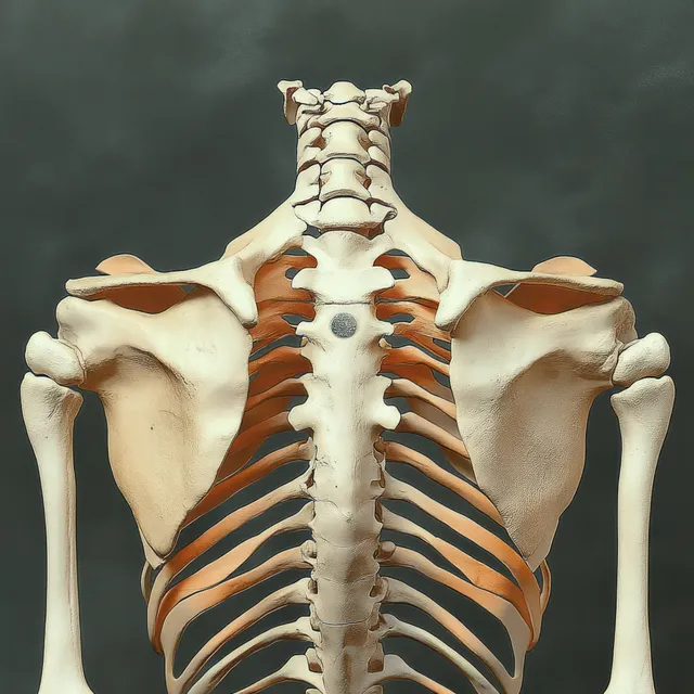 Rear view human skeleton model focusing on the spine, shoulder blades, and ribcage.