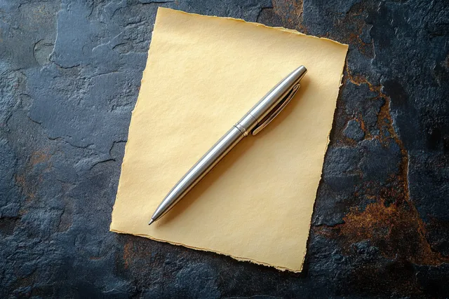 Silver metal pen lying diagonally on a square of yellow torn paper atop a dark textured stone background.