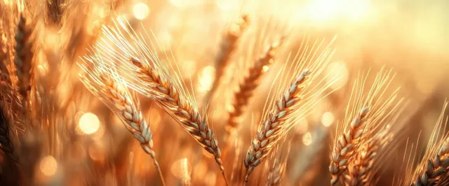 Close-up golden wheat stalks in sunlit field with soft bokeh and warm vintage glow