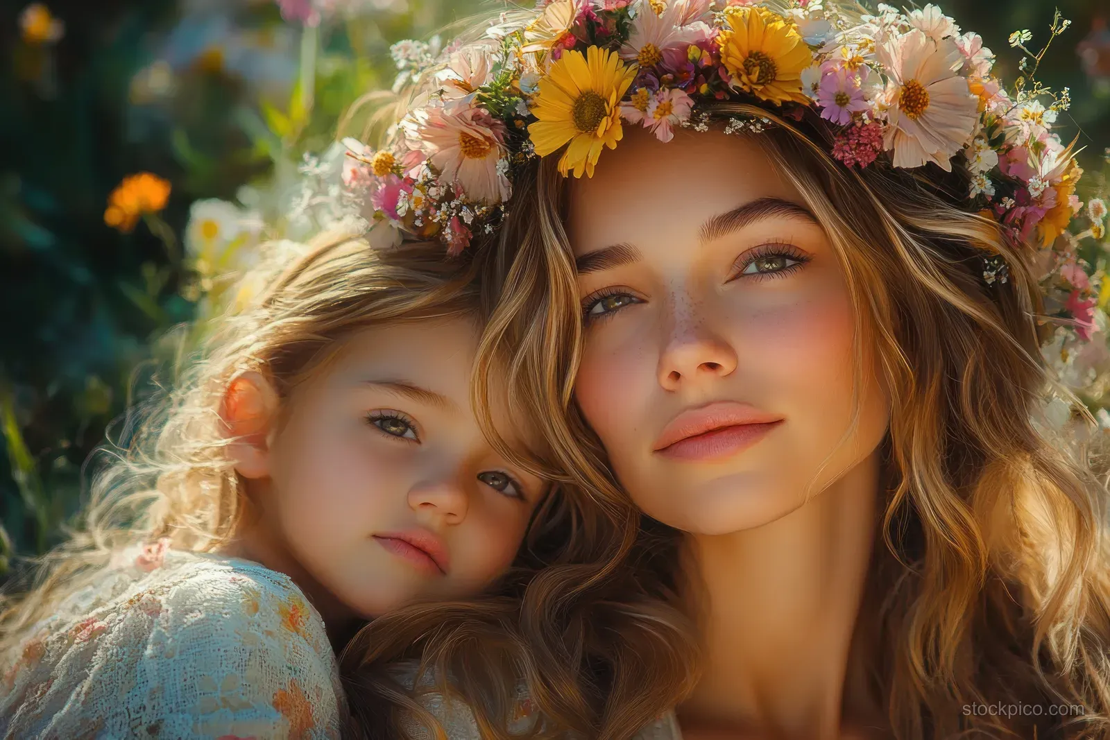 A mother and child pose closely together with a floral crown in warm sunlight.