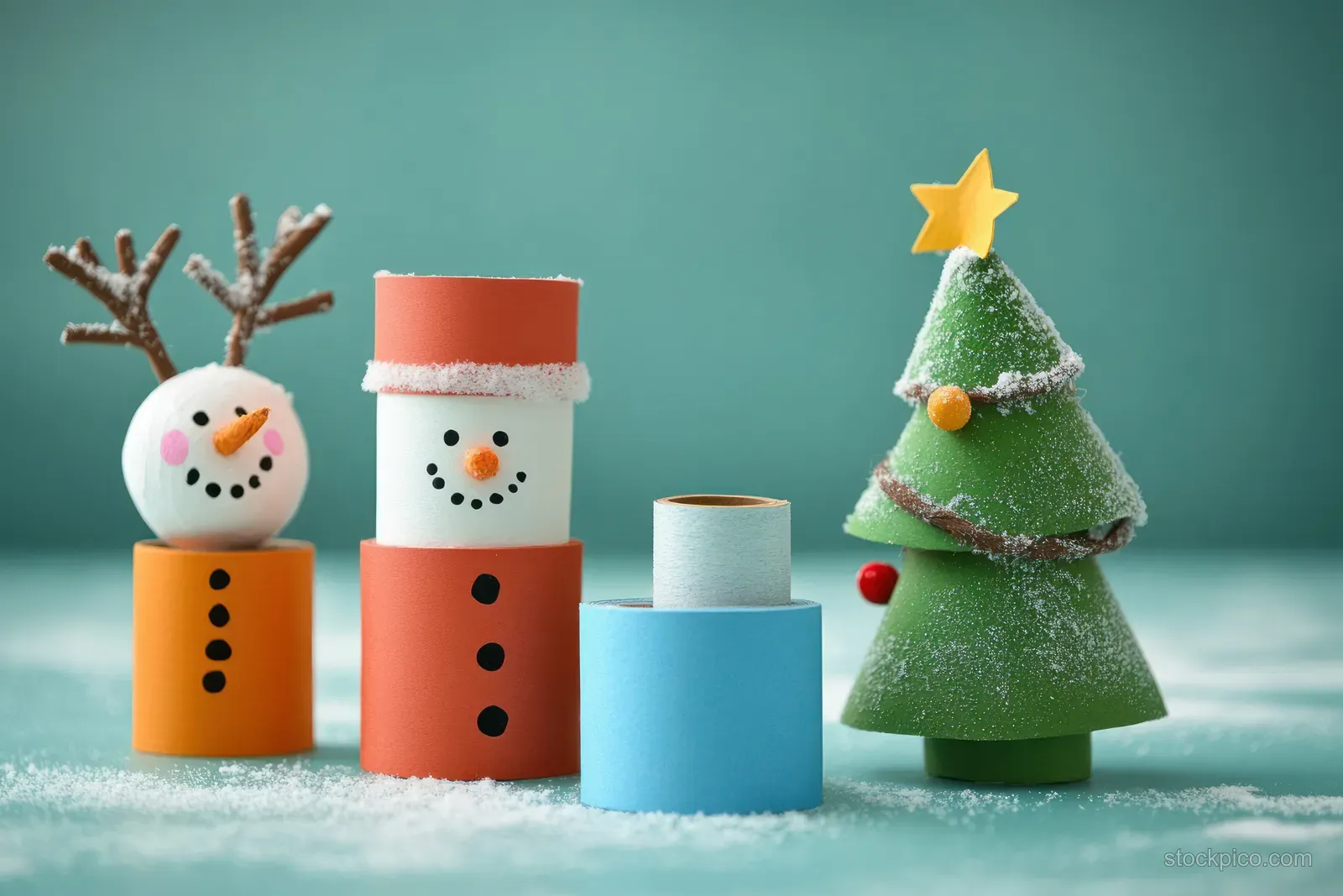 Handmade snowman, reindeer, and Christmas tree crafted from painted paper rolls sit on snowy ground.