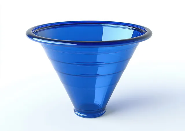 A shiny transparent blue glass funnel with circular ridges is isolated on a white background.