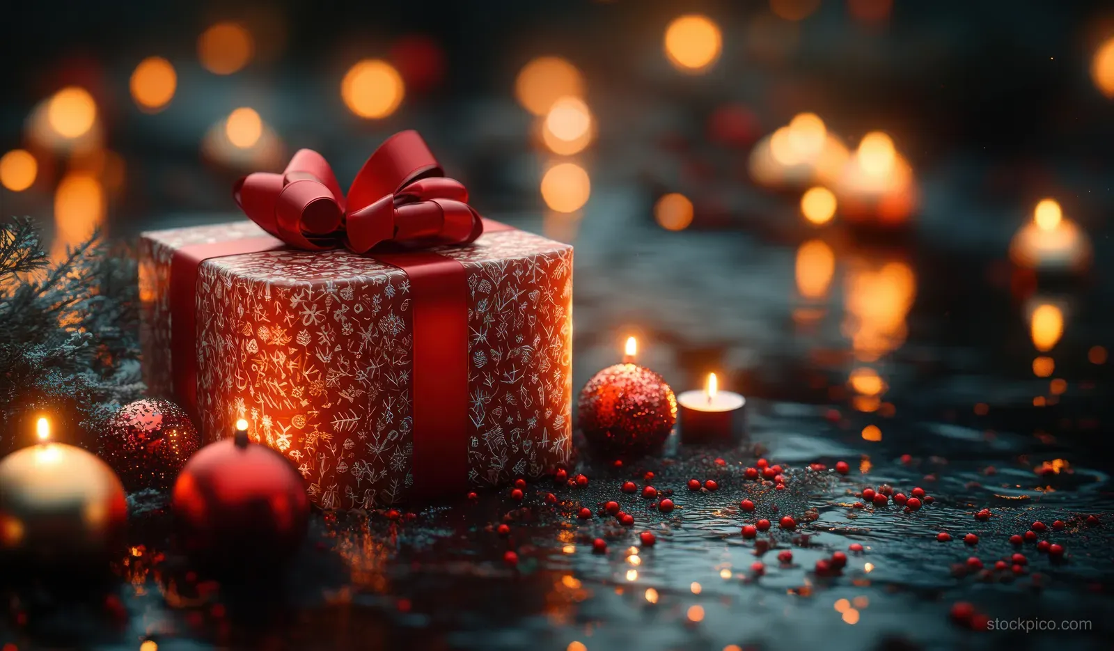 A red ribbon Christmas gift box beside flickering candles and ornaments with snowy bokeh lights in the background.
