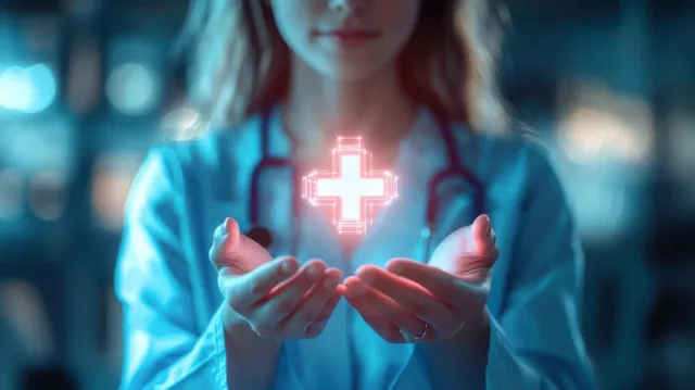 Female doctor holds a glowing digital cross symbol in cupped hands against a blue clinic background.