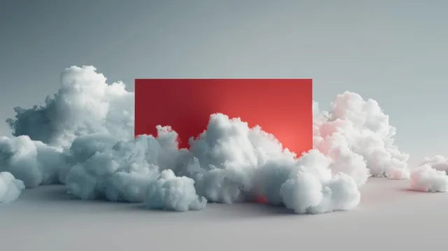 Un rectángulo rojo 3D flota sobre una superficie gris con nubes ondulantes a su alrededor como un portal surrealista.