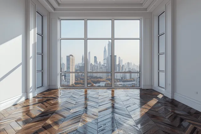 Sunlit modern living room with herringbone wood floors and floor-to-ceiling windows