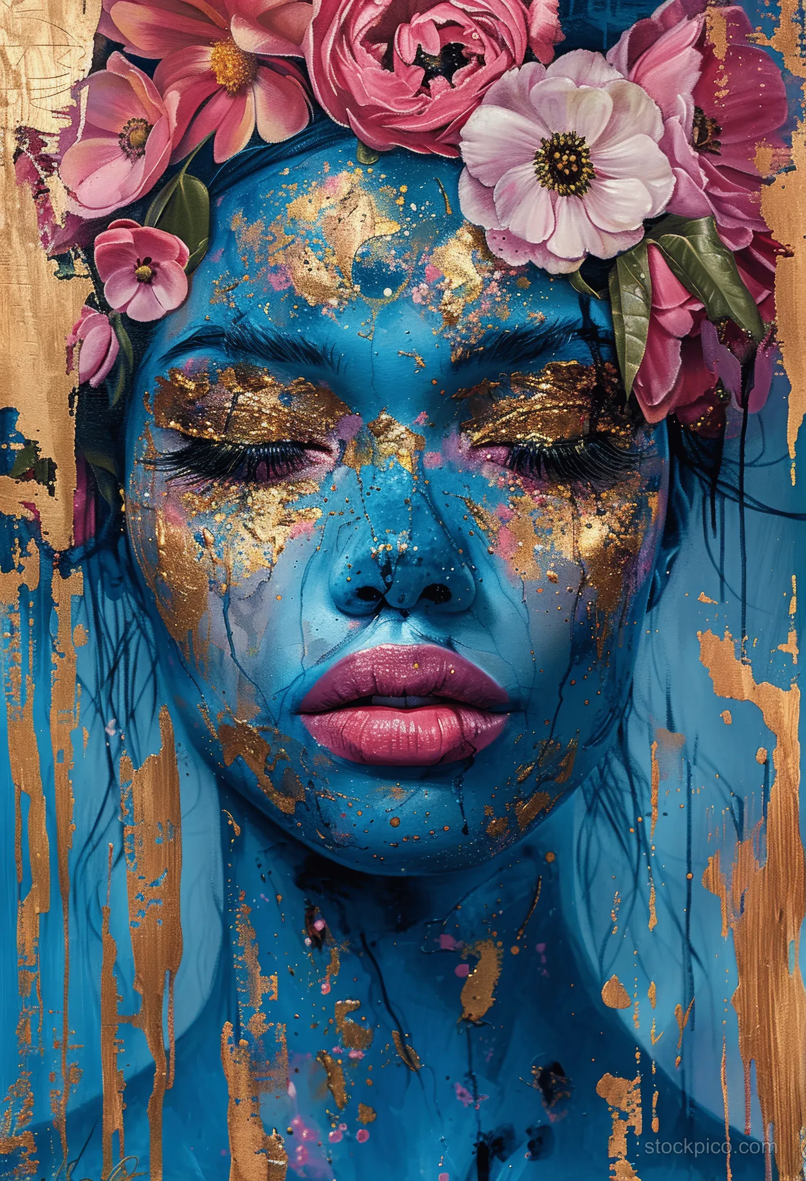 Surreal portrait artwork of a blue-skinned woman with flowers and gold glitter accents over a textured paint background.