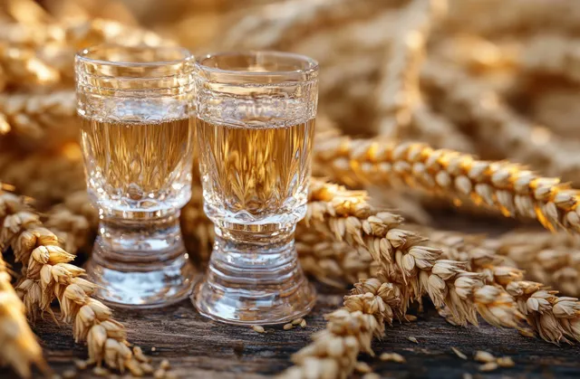 Two clear shot glasses of schnapps rest on a wooden board surrounded by wheat stalks in warm light.