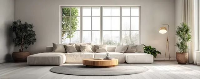 Sunlit living room with a white sectional sofa, round wooden coffee table, floor lamp, indoor plants, and large windows.