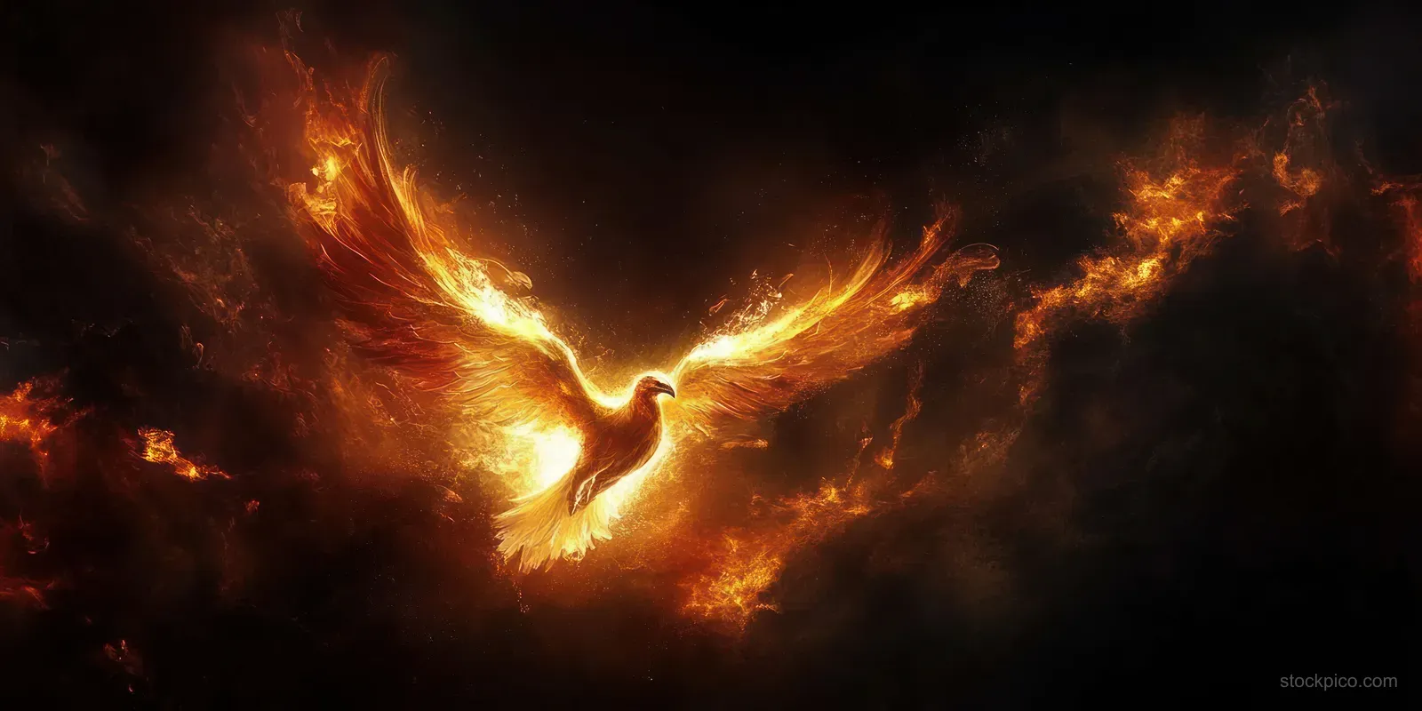 A phoenix made of flames rises from dark smoke with glowing wings and scattered embers.