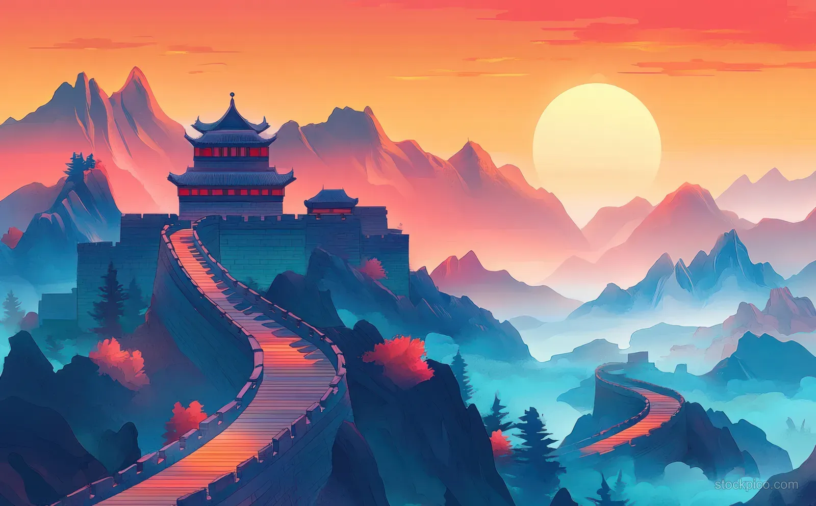 Ancient fortress wall curves across mountain ridges with sunrise sun, misty valleys, and layered peaks in the background.