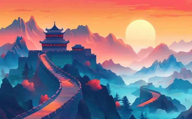 Ancient fortress wall curves across mountain ridges with sunrise sun, misty valleys, and layered peaks in the background.