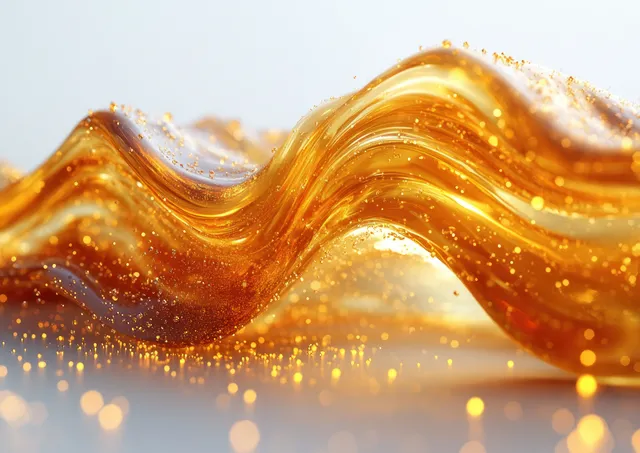Golden liquid wave curls and splashes with glittering droplets on a white background.