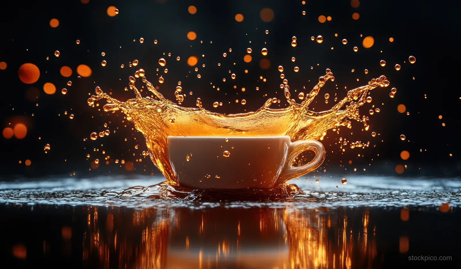 A white cup overflows with a frozen coffee splash and droplets against a dark reflective surface.