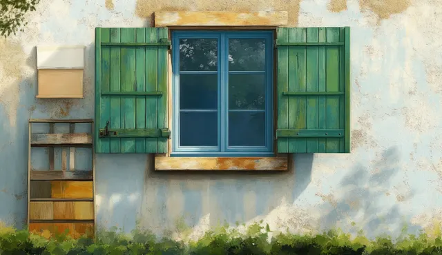 Impressionist painting of a window with green shutters on a weathered wall with peeling plaster and soft sunlight.
