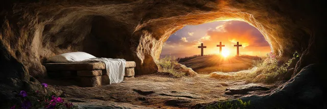 Sunrise view inside empty tomb doorway with stone bed and distant crosses