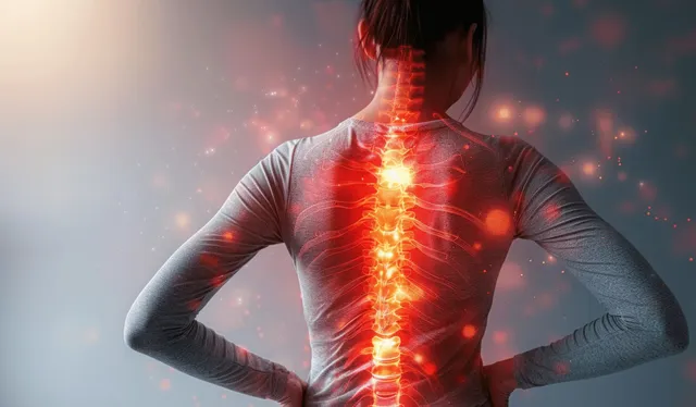 Mujer sujetándose la zona lumbar con un efecto de columna vertebral roja y brillante detrás de ella.