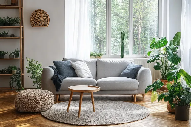 Soft gray sofa and round coffee table in a sunlit Scandinavian living room with large window greenery and a bamboo bookstand.