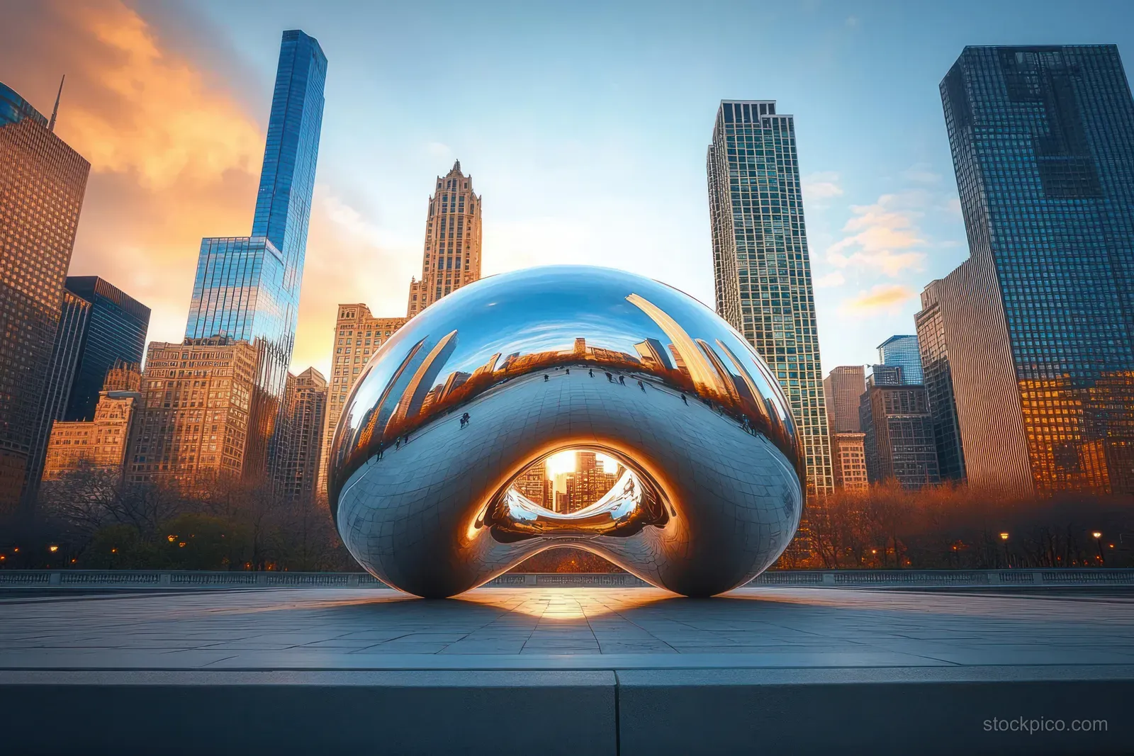 A mirrored metal sculpture in the foreground reflects a golden-hour Chicago skyline behind it.
