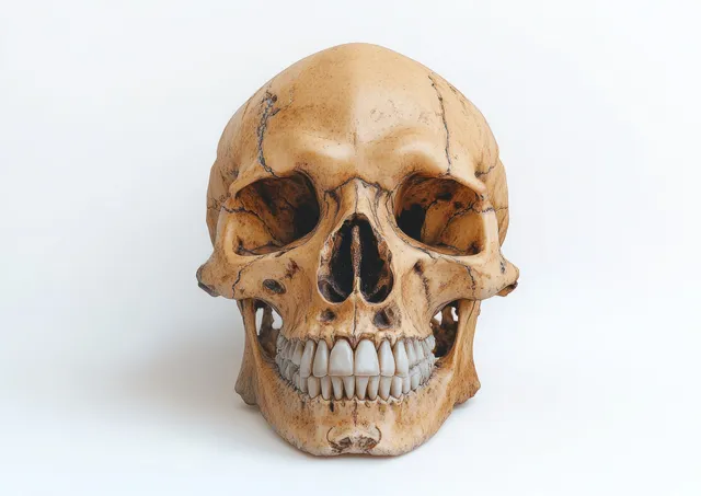 Yellowed human skull isolated on a white background with visible teeth, eye sockets, and cranial details.
