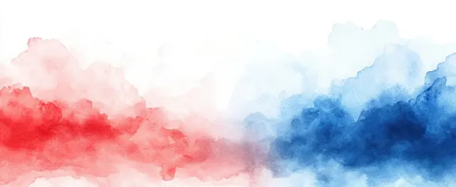 Abstract watercolor background with soft red, white, and blue cloud-like washes and faint splatter texture.