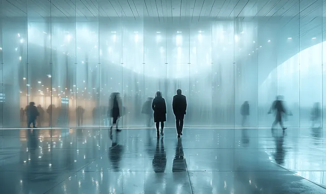 Silhouetted people walk through a futuristic lobby as cool blue light reflects across a glossy floor.