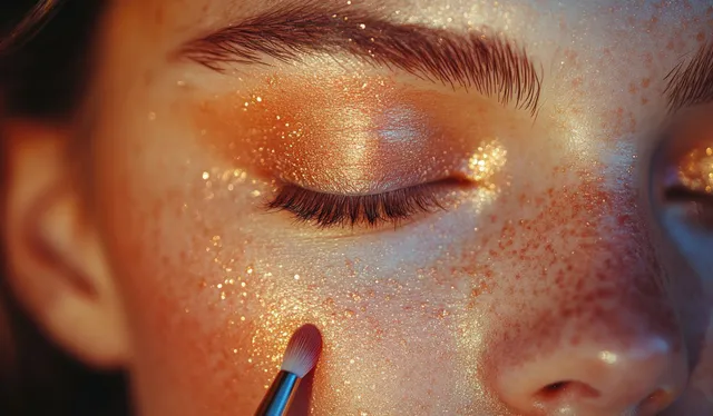 Una mujer aplica maquillaje brillante dorado en el párpado y las pestañas con un pincel fino bajo una cálida luz natural.