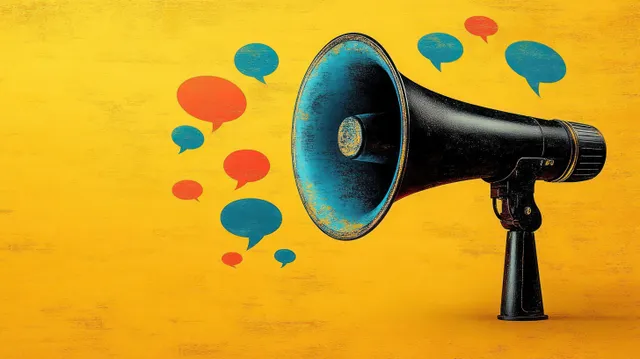 A vintage megaphone stands on a textured yellow background with blue and red speech bubbles emerging.