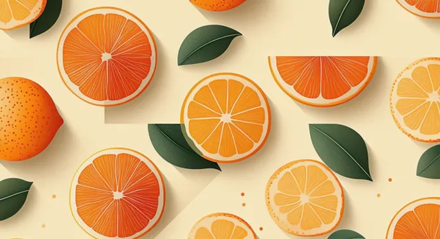 Seamless pattern of orange slices, whole oranges, and green leaves on a light background with small speckles.