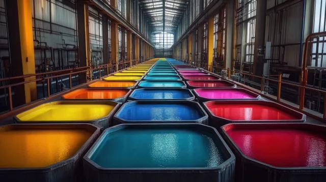 Rows of colorful liquid-filled industrial tanks extend down a warehouse aisle under a high glass ceiling.