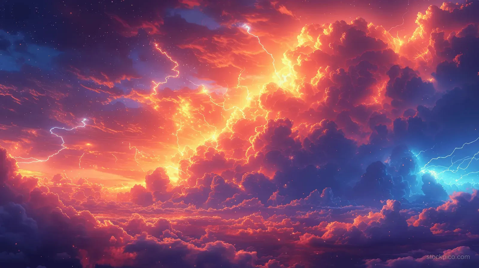 Lightning bolts illuminate dark clouds in an orange and blue sunset sky.