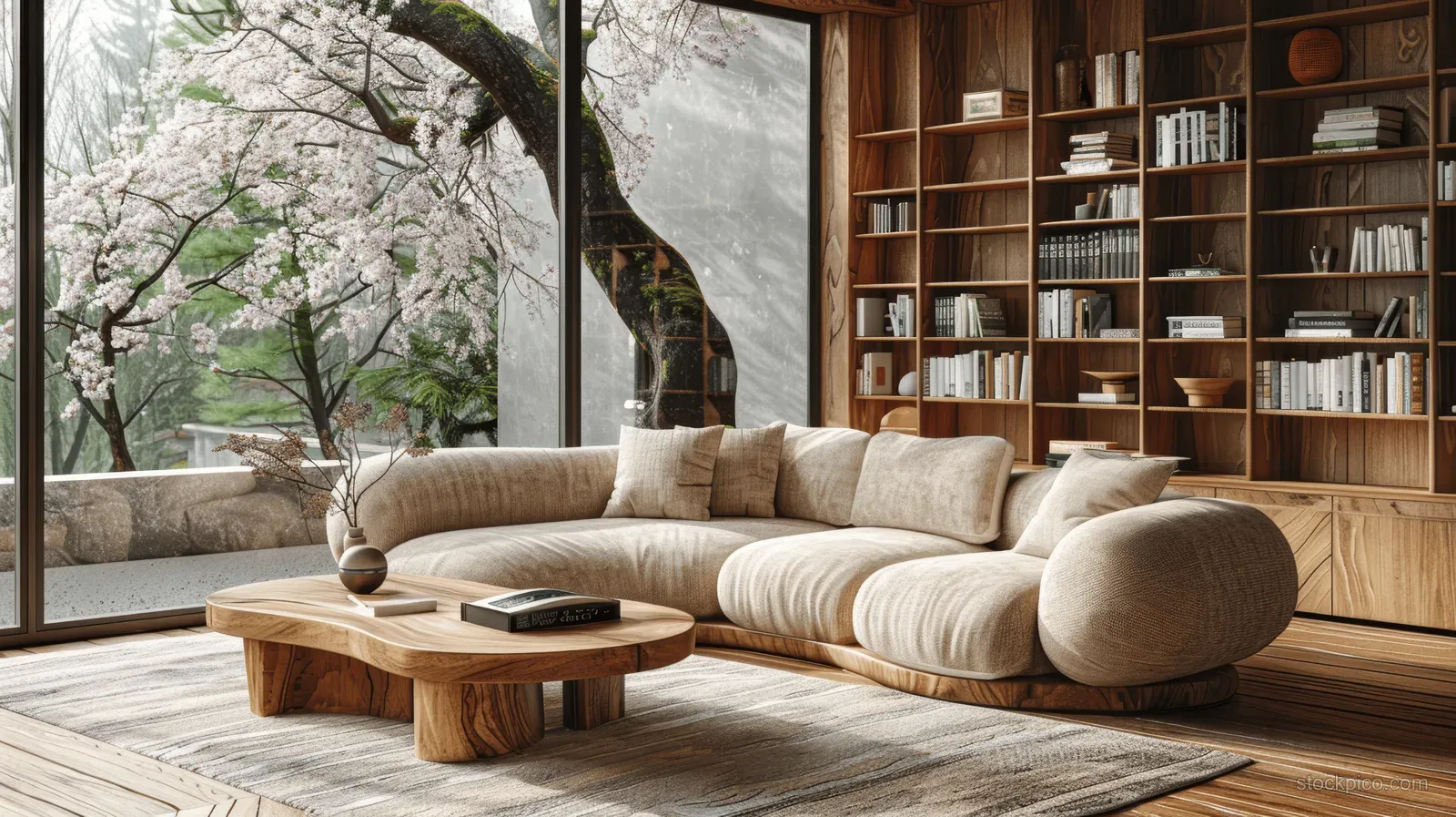 Beige Japandi sofa and wooden coffee table in a living room with a window showing blooming spring tree outside.