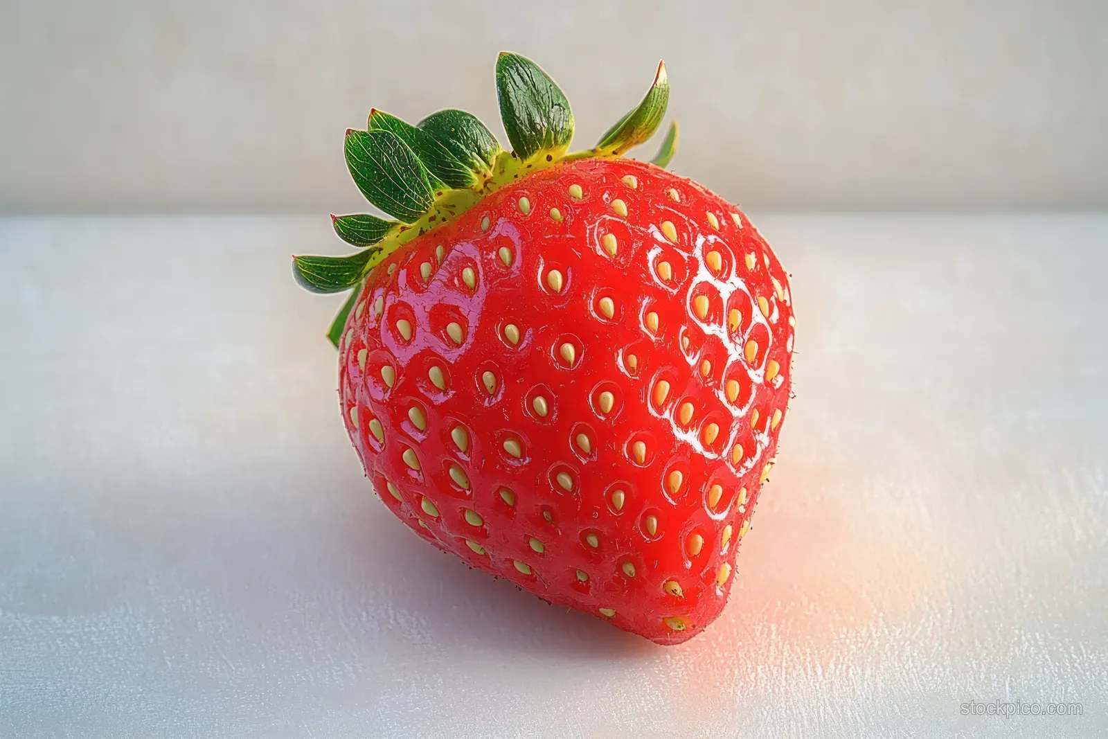 A ripe red strawberry with green leaves rests on a smooth light surface, showing glossy seeds and fresh texture.