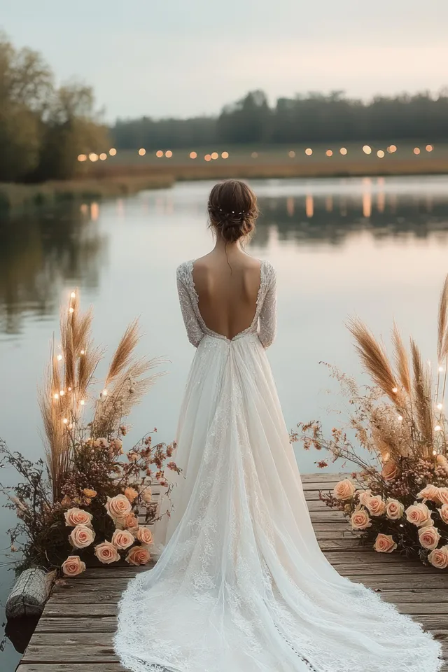 Woman in a white lace open-back gown stands on a dock with flowers and pampas grass beside a calm lake at dusk.