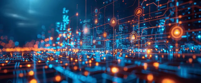 Glowing data nodes connect over a futuristic city infrastructure at night.